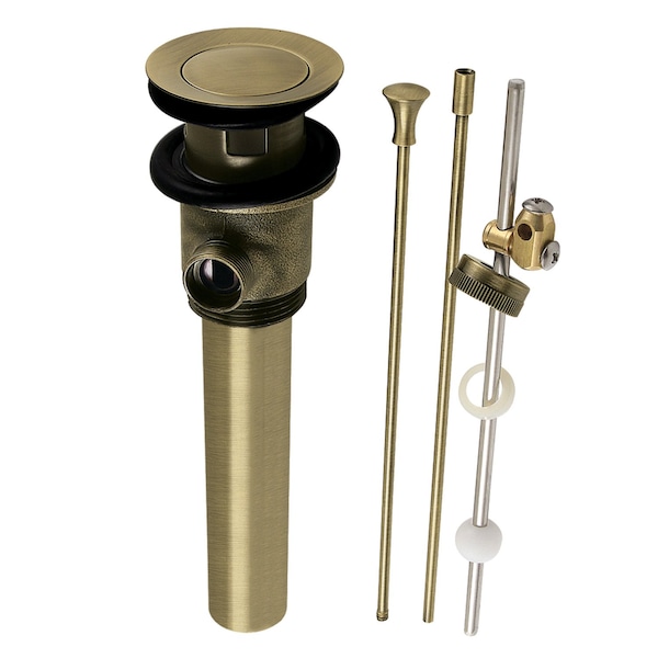 Brass PopUp Drain with Overflow and Extra Long PopUp rod, 22 Gauge, Antique Brass